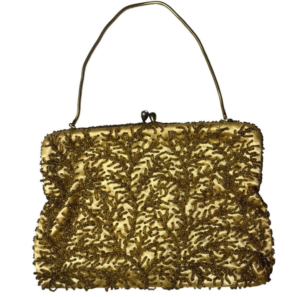 Vintage Gold Hand Beaded Satin Evening Bag Kiss Lock Clutch Hong Kong Made